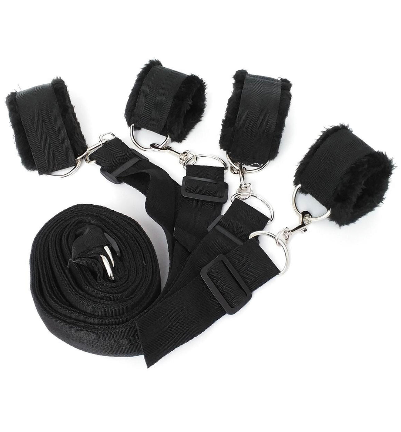 This set includes two sets of adjustable ankle and wrist cuffs, made from high-quality, durable materials for maximum strength and comfort. The cuffs are adjustable with Velcro straps, ensuring a perfect fit for any size. The cuffs also feature D-rings that allows for easy attachment to other BDSM gear or furniture.